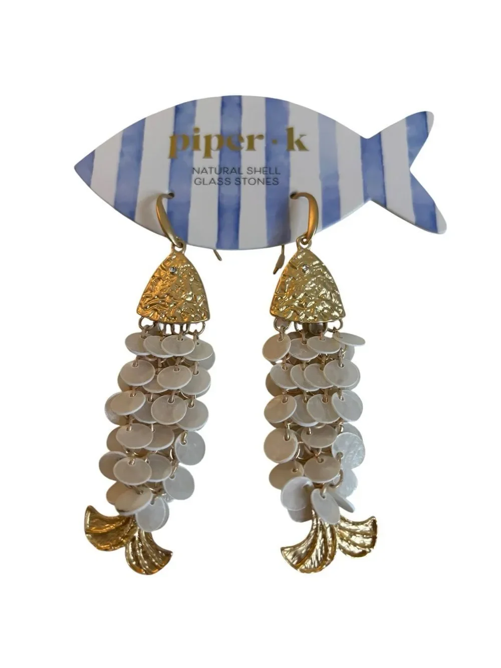 Hammered Brush Gold Tone Fish Head Drop Earrings w/ Cascading Shell Discs.